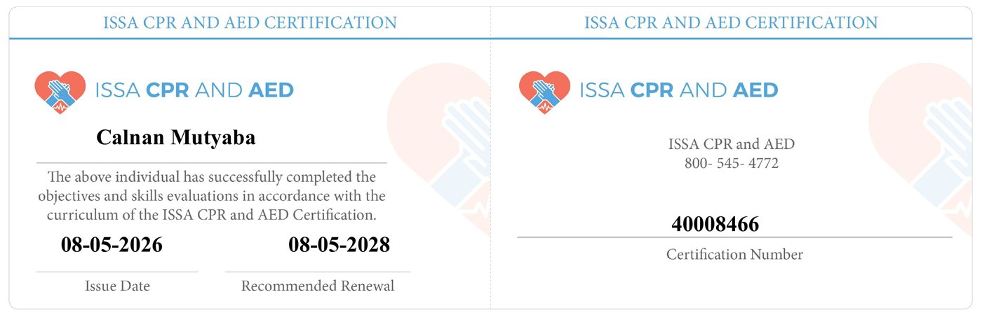 ISSA CPR and AED certification for Calnan Mutyaba, No. 40008466