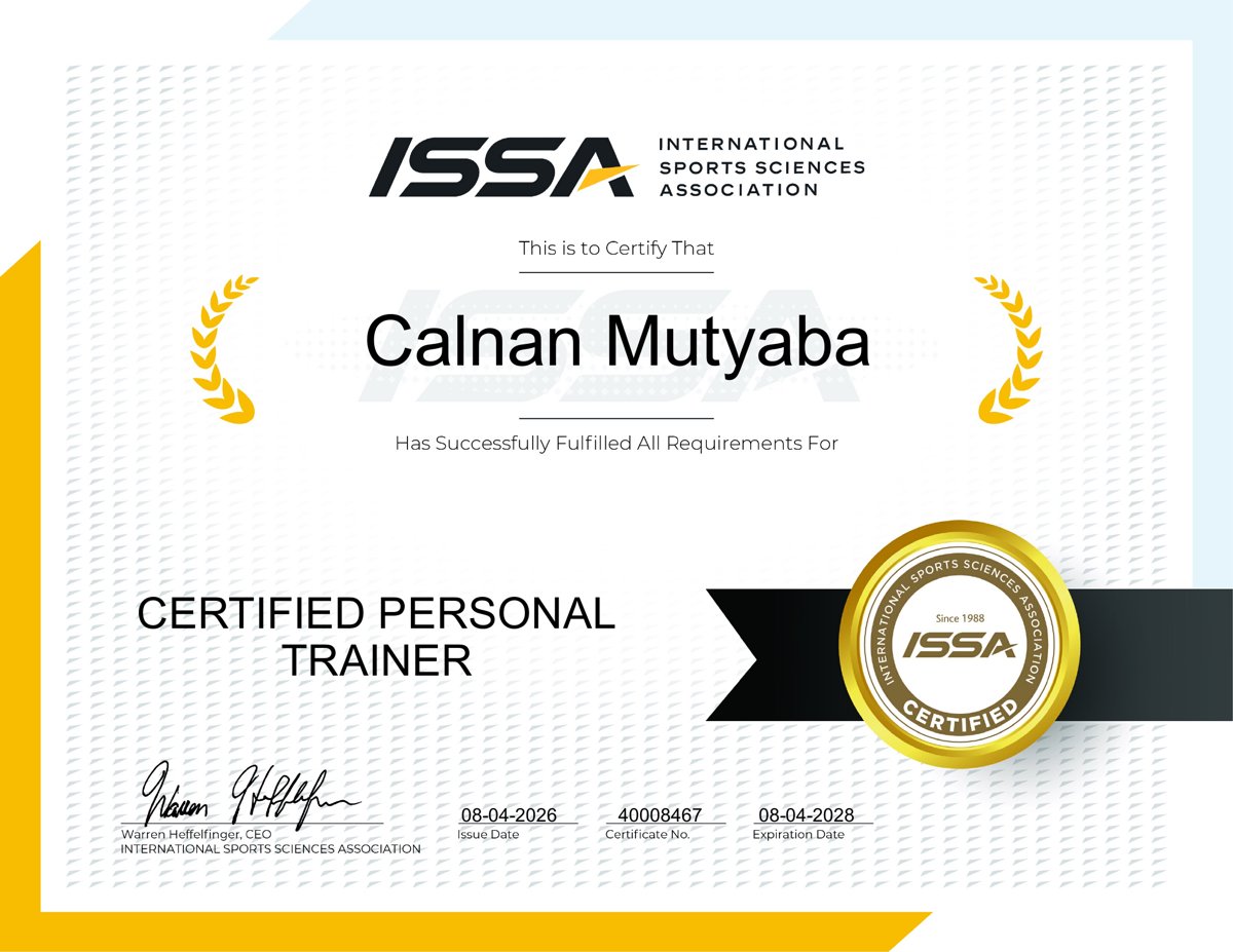 ISSA Certified Personal Trainer certificate for Calnan Mutyaba, No. 40008467